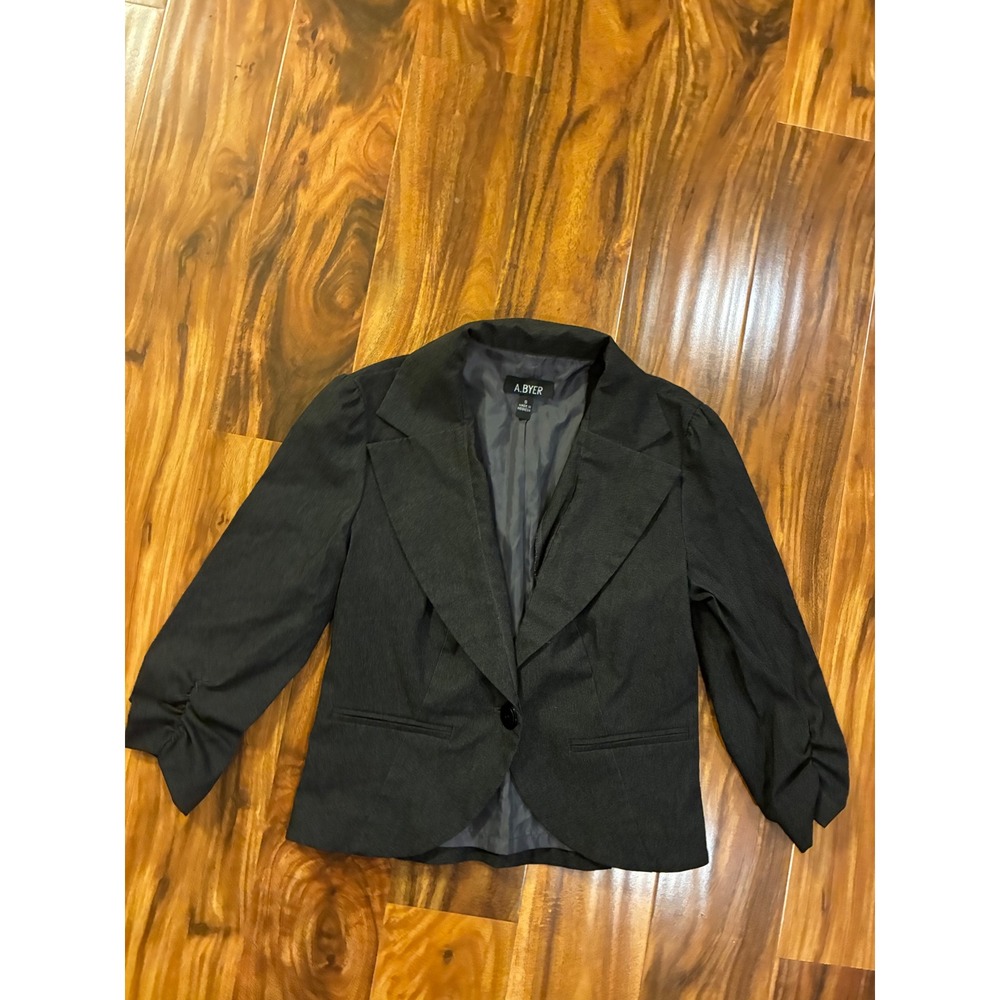 A.Byer Womens Black Cropped Blazer Single Button Ruched 3/4 Sleeve Jacket Size S
